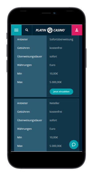 Platin Casino Zahlungsmethoden